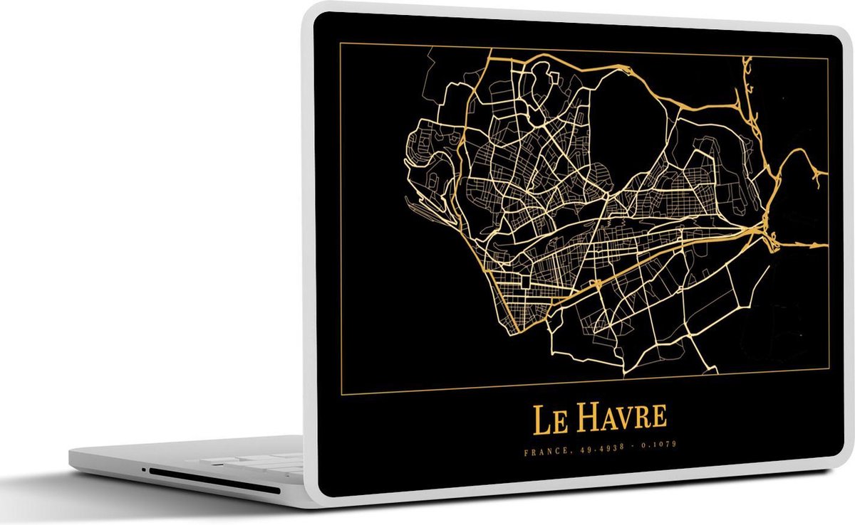 Laptop sticker - 10.1 inch - Kaart - Le Havre - Luxe - Goud - Zwart - 25x18cm - Laptopstickers - Laptop skin - Cover