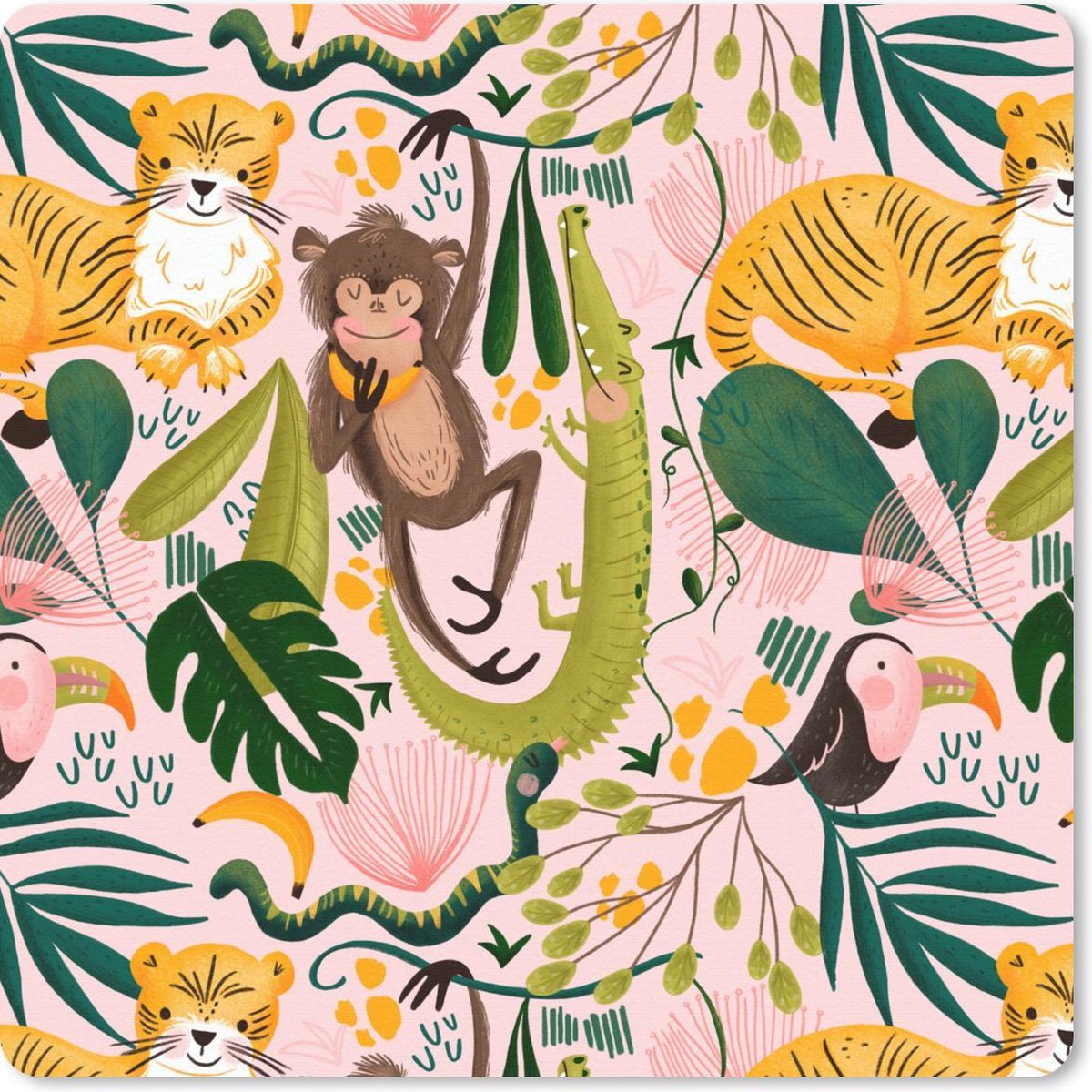 Muismat 20x20 cm - Mousepad Jungle - Dieren - Roze - Muismatten