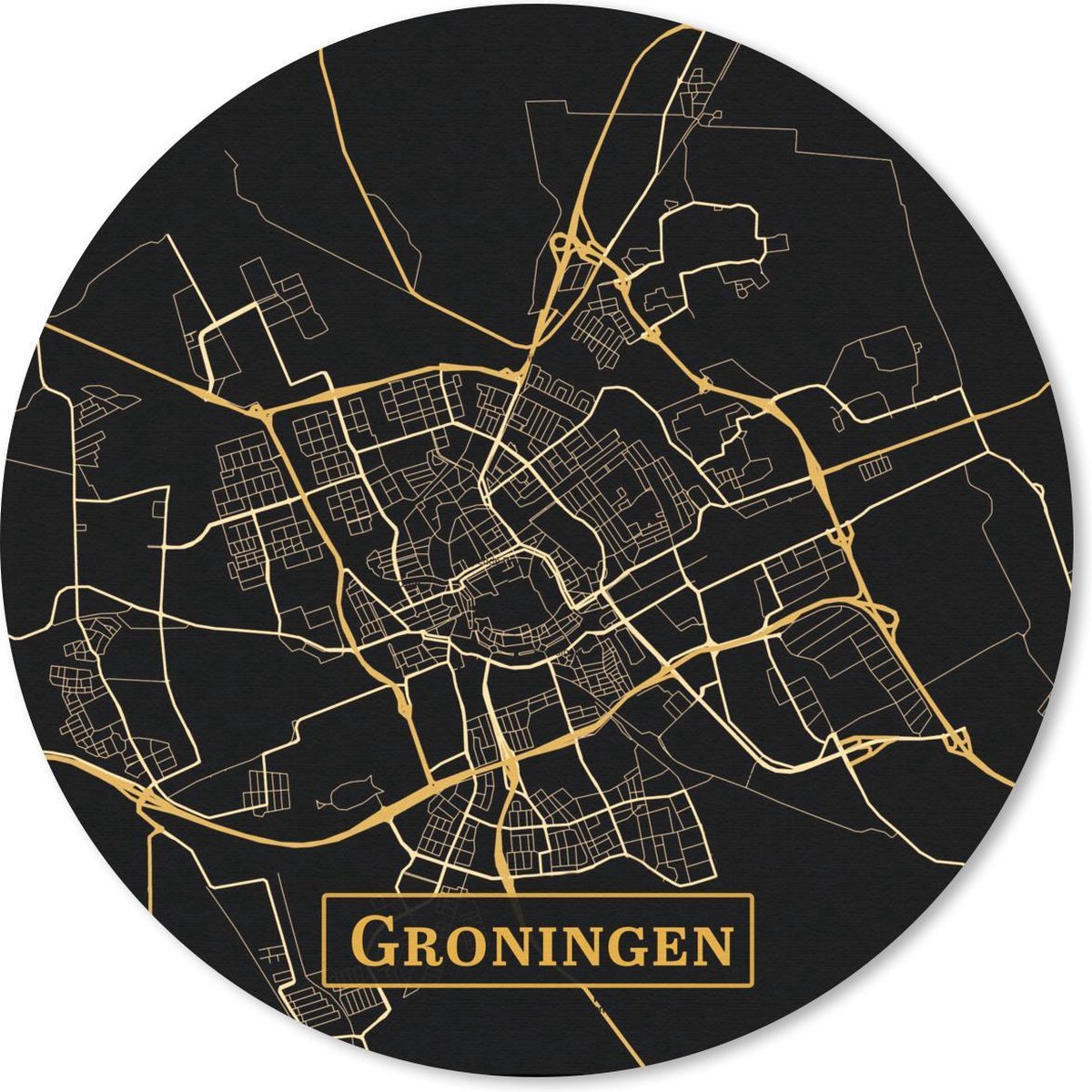 Muismat rond 30x30 cm - Mousepad Kaart - Groningen - Goud - Zwart - Ronde muismatten