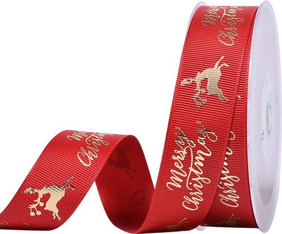 Foto: Kerst lint 25mm 2 5cm grosgrain ripsband luxe kerstlint merry christmas rendier rood 250 goud rol 10 meter