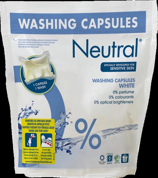 Neutral Wascapsules 12 stuks Witte Was | Wasmiddel | 12 Capsules | 0% parfum