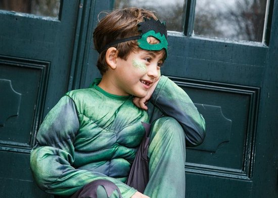 Luxe groen superhelden kostuum voor kinderen met spierballen + 2 maskers - 134/140 (L) 9-10 jaar - verkleedpak carnavalskleding