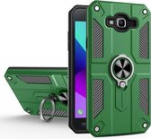 Voor Samsung Galaxy J7 koolstofvezelpatroon pc + TPU-beschermhoes met ringhouder (groen)