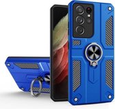 Voor Samsung Galaxy S21 Ultra 5G koolstofvezelpatroon pc + TPU-beschermhoes met ringhouder (donkerblauw)