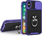 Sliding Camera Cover Design TPU + PC Magnetische schokbestendige hoes met ringhouder voor iPhone XS Max (paars)