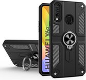 Voor Huawei Y6p koolstofvezelpatroon pc + TPU-beschermhoes met ringhouder (zwart)