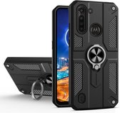 Voor Motorola Moto G8 Power Lite koolstofvezelpatroon pc + TPU-beschermhoes met ringhouder (zwart)