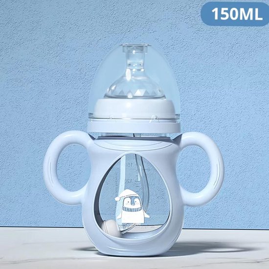 Babyflesje - Blauwe Babyflesje, bleue baby bottle, Baby voeding, Baby glas fles, baby, baby flessen, Anti-colic glas flesje, baby bottle 150ml, zuigfles Anti-koliek.