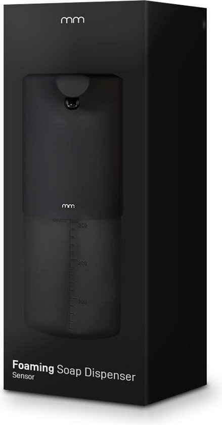 Zwarte automatische zeepdispenser in verpakking, met maataanduiding op het reservoir en tekst 'Foaming Soap Dispenser Sensor'.