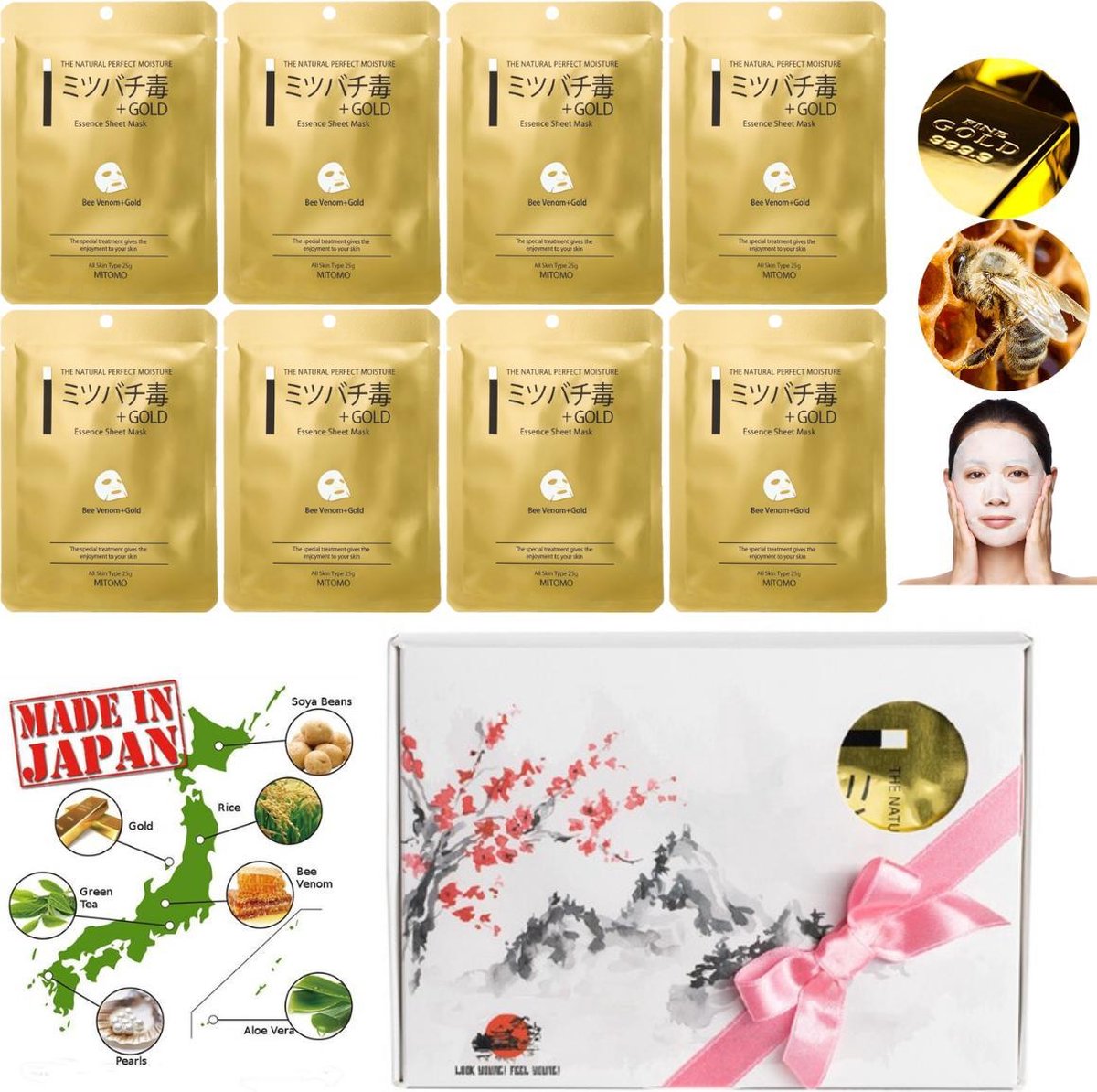 Mitomo Japan Gold & Bee Venom Beauty Face Mask Giftbox - Japanse Skincare Gezichtsmaskers met Geschenkdoos - Geschenkset Vrouwen - 8-Pack