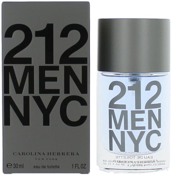 Fles en doosje van Carolina Herrera 212 Men NYC eau de toilette. Doosje is grijs met zwarte tekst '212 MEN NYC'. Fles is rond, transparant met zilverkleurige dop en '212 MEN NYC' in witte letters.