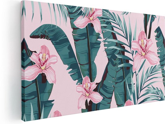 Artaza Canvas Schilderij Tropische Roze Zomer Bloemen Met Bladeren - 60x30 - Foto Op Canvas - Canvas Print