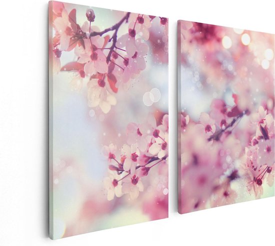 Artaza - Diptyque de peinture sur toile - Arbre à fleurs rose avec soleil - 80x60 - Photo sur toile - Impression sur toile