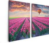 Artaza - Diptyque Peinture Sur Toile - Champ De Fleurs Avec Tulipes Roses - Montgolfière - 80x60 - Photo Sur Toile - Impression Sur Toile
