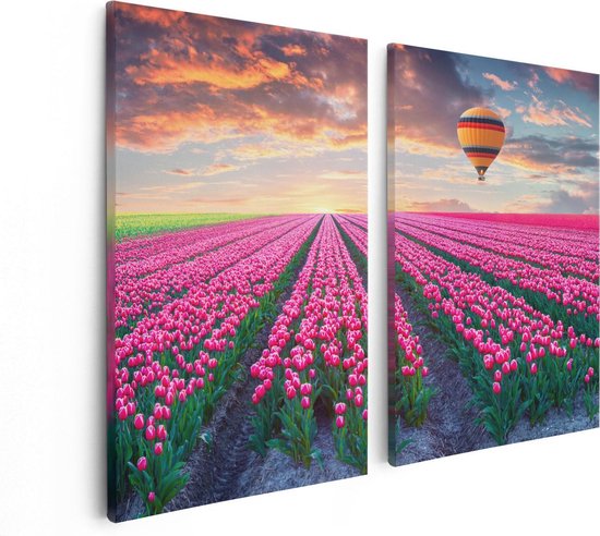Artaza Canvas Schilderij Tweeluik Bloemenveld Met Roze Tulpen - Luchtballon - 80x60 - Foto Op Canvas - Canvas Print