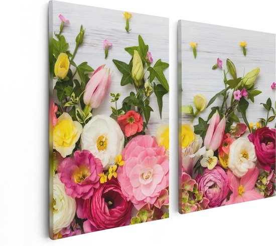 Artaza Canvas Schilderij Tweeluik Bloemen Op Een Witte Houten Achtergrond - 80x60 - Foto Op Canvas - Canvas Print