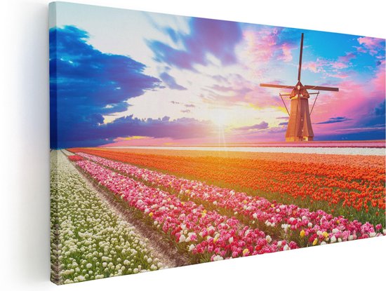 Artaza Canvas Schilderij Kleurrijke Bloemenveld Met Een Windmolen - 40x20 - Klein - Foto Op Canvas - Canvas Print