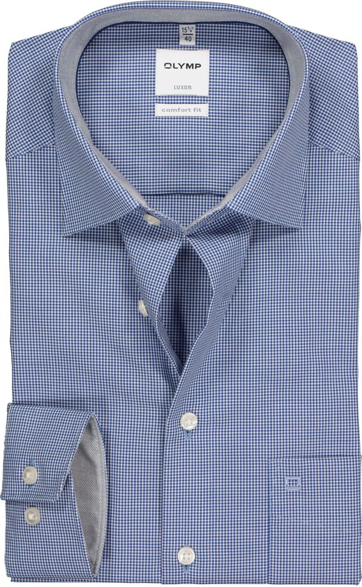 OLYMP Luxor comfort fit overhemd - donkerblauw met wit geruit (contrast) - Strijkvrij - Boordmaat: 42