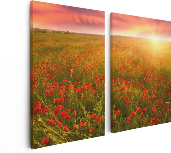 Artaza Canvas Schilderij Tweeluik Rode Klaproos Bloemenveld - Zonsondergang - 80x60 - Foto Op Canvas - Canvas Print