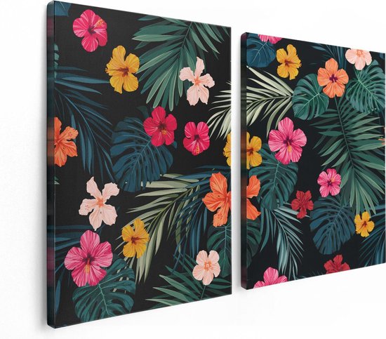 Artaza - Canvas Schilderij - Getekende Tropische Bloemen - Abstract - Foto Op Canvas - Canvas Print