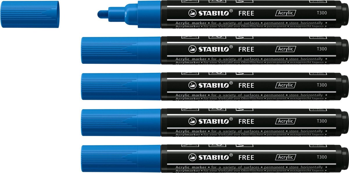 STABILO FREE - Acryl Marker - T300 - Ronde Punt - 2-3 mm - Donker Blauw - Doos 5 stuks