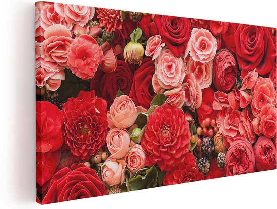 Artaza Canvas Schilderij Rode En Roze Bloemen Met Fruit - Abstract - 100x50 - Groot - Foto Op Canvas - Canvas Print