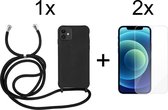 iPhone 11 hoesje met koord zwart siliconen case - 2x iPhone 11 screenprotector