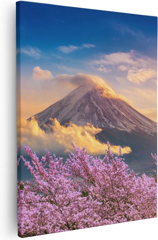Artaza Canvas Schilderij Fuji Berg Met Roze Bloesembomen - Bloemen - 80x100 - Groot - Foto Op Canvas - Canvas Print