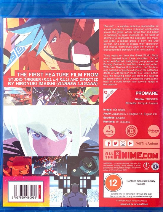 Achterkant van de Promare Blu-ray hoes. Met anime personages, tekst en logo's.