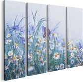 Artaza Canvas Schilderij Vierluik Witte Kamille Bloemen Met Een Vlinder - 80x60 - Foto Op Canvas - Canvas Print