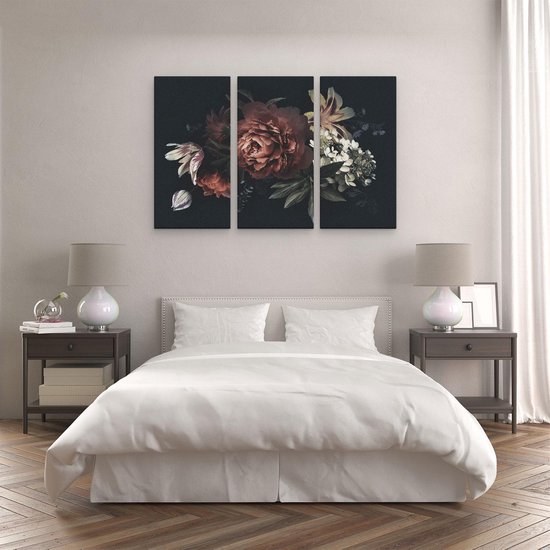 Artaza - Triptyque de peinture sur toile - Fleurs sur fond Zwart - 120x80 - Photo sur toile - Impression sur toile