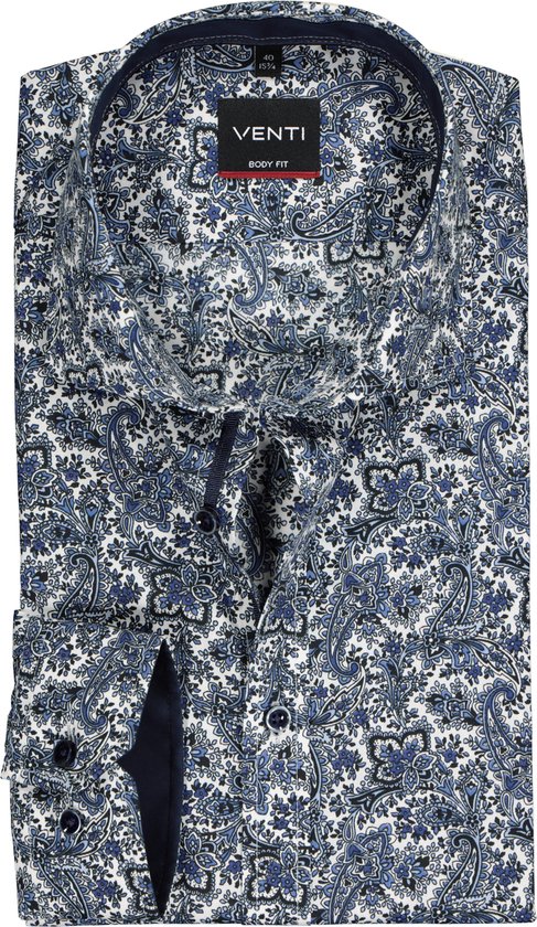 VENTI body fit overhemd - blauw paisley dessin (contrast) - Strijkvriendelijk - Boordmaat: 43