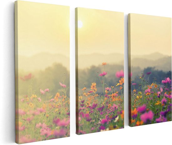 Artaza - Triptyque de peinture sur toile - Champ de fleurs avec Kosmos - Coucher de soleil - 120x80 - Photo sur toile - Impression sur toile