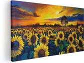 Artaza Canvas Schilderij Getekende Zonnebloemen Veld Met Olieverf - 100x50 - Groot - Foto Op Canvas - Canvas Print