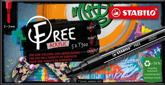 STABILO FREE - Acryl Marker - T300 - Ronde Punt - 2-3 mm - Set Vibrant - Met 5 Verschillende Kleuren