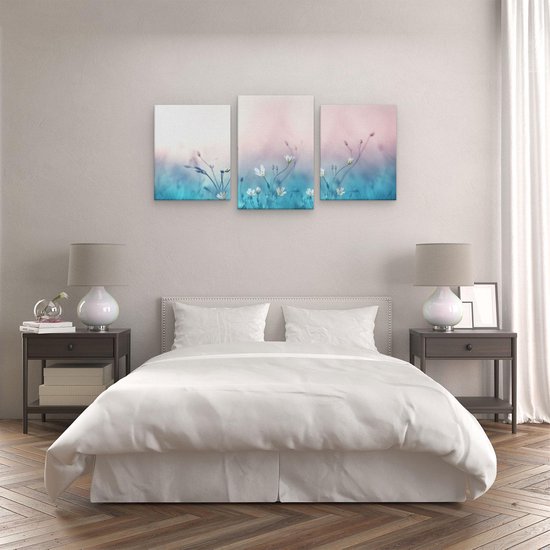 Artaza - Triptyque de peinture sur toile - Fleurs Witte sur fond Blauw - 120x60 - Tableau sur toile - Impression sur toile