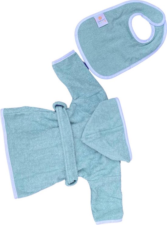 Babybadjas met capuchon - groen - baby badjas gender neutraal - baby badjas meisje - baby badjas jongen - kraamcadeau - 100% badstof katoen - incl. slabbetje - luxe baby badjas mét roomwitte bies - maat 1-2 jaar (92) van Tommy      
 — afbeelding 2