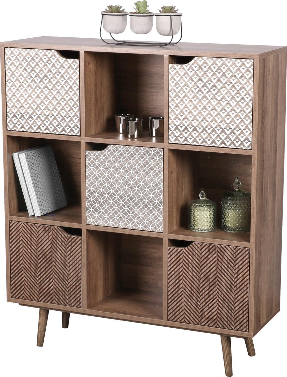 Urban Living "BAOBAB" boekenkast met 9 vakken en 5 versierde deuren 90 x 29 x H105 cm Bruin