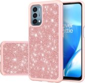 Voor OnePlus Nord N200 5G Glitter Poeder Contrast Skin Schokbestendig Siliconen + PC Beschermhoes (Rose Goud)