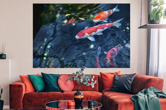Poster Quatre carpes koï dans un étang 180x120 cm - Tirage photo sur Poster (décoration murale salon / chambre) / Poster Animaux sauvages XXL / Groot format!
