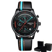 Nibosi ® - Quartz Heren Horloge - 42Ømm – Zwart – Leren band – horloge geschenkset