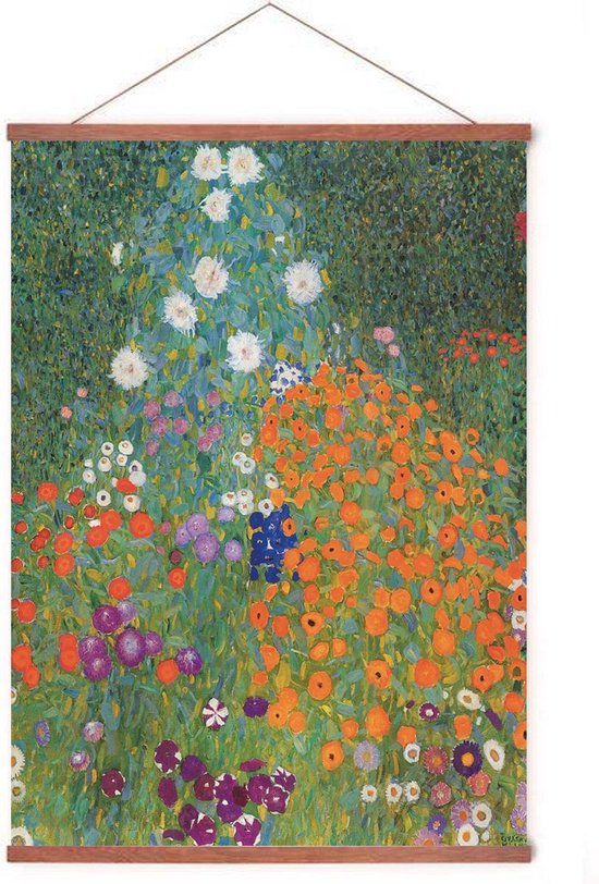 Poster In Posterhanger - Bauerngarten - Kader Hout - Gustav Klimt - Bloemen - 70x50 cm - Ophangsysteem