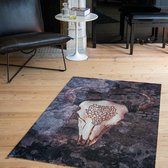 Vloerkleed laagpolig Studio M HOME - Tapijt woonkamer - Tapijt slaapkamer - Vloerkleed vintage skull - 90 x 150 cm - Doodskop Stier - Zwart met print
