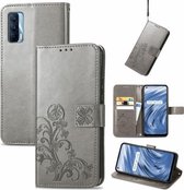 Voor OPPO Realme V15 5G Vierbladige Sluiting Reliëf Gesp Mobiele Telefoon Bescherming Lederen Case met Lanyard & Kaartsleuf & Portemonnee & Beugel Functie (Grijs)