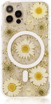 Casies Apple iPhone 12 / 12 Pro (6.1") gedroogde bloemen hoesje - Dried flower Daisy case - Soft case TPU droogbloemen - transparant