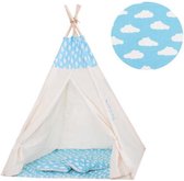 Springos Tipi Tent | Wigwam Speeltent | 120x100x180 cm | Met Mat en Kussens | Naturel Blauw | Wolken