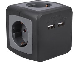 Q-Link stekkerdoos – 4–voudig – Powercube – randaarde – 2 x USB – 3 x 1.5 mm² – 1.5 m – zwart – grijs