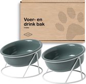 GIZMO 2x Voerbak Kat (Klein) - 300ML - Donkergroen - Keramische Drink- & Voerbakken met Standaard - 12.5 cm - 2 stuks