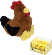 Peluche poulets / coqs marron en peluche de 25 cm avec 6 x morceaux de mini poussins - Décoration Pâques / Pasen