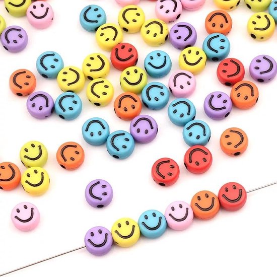 PLAY IT Smiley Kralen 100 stuks - 7 mm - Regenboog Kleuren - Inclusief Elastisch Koort